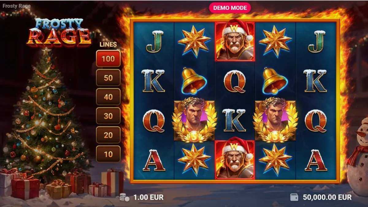 Frosty Rage slot game interface na may gladiator theme at Christmas elements