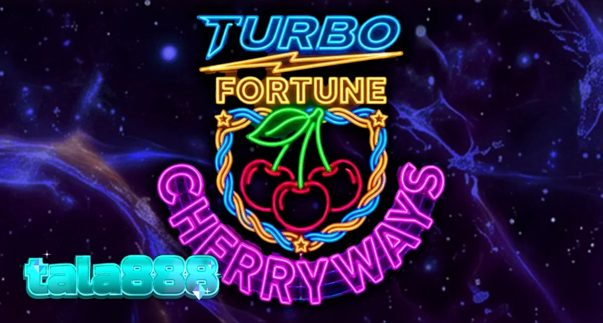 Isang makulay na neon na grid ng Turbo Fortune Cherryways slot na nagpapakita ng mga prutas at futuristic na simbolo.